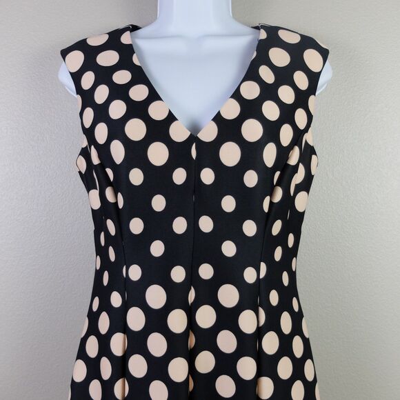 Gabby Skye Black Pink Polka Dot Scuba Fit and Flare Sleeveless Dress Size 4 - Picture 2 of 9